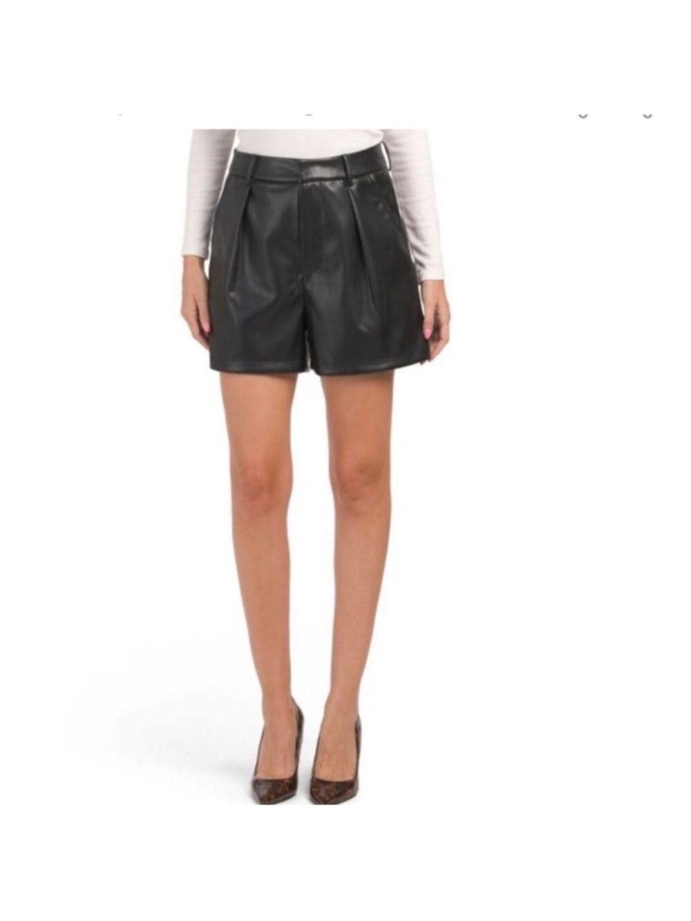 7 For All Mankind Black Faux Leather Pleat-Front Shorts